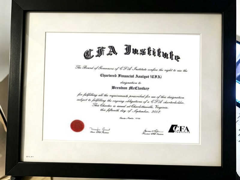 CFA Institute charter certificate awarded to Brendon McCloskey, September 15, 2002