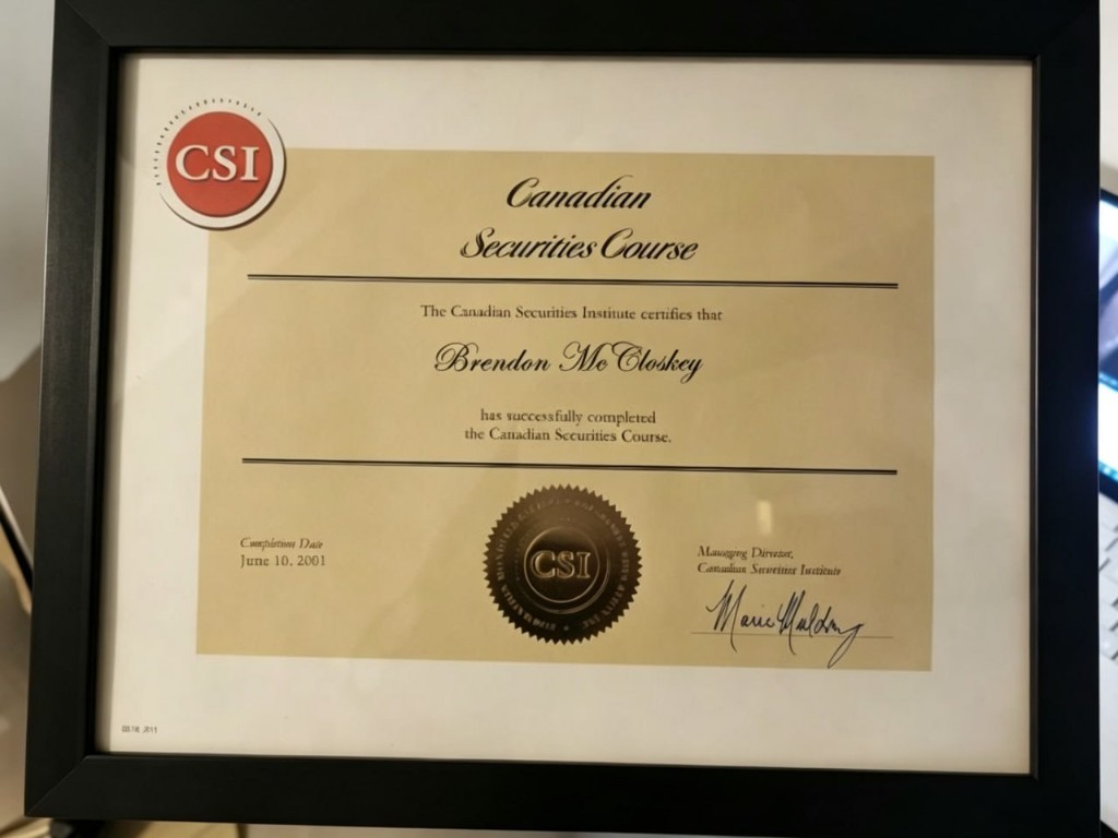Canadian Securities Course certificate awarded to Brendon McCloskey by CSI, June 10, 2001
